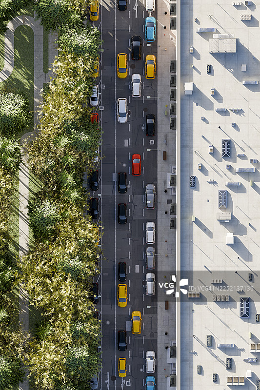 城市街道的空中3D视图，有交通、汽车、建筑和绿色公园图片素材