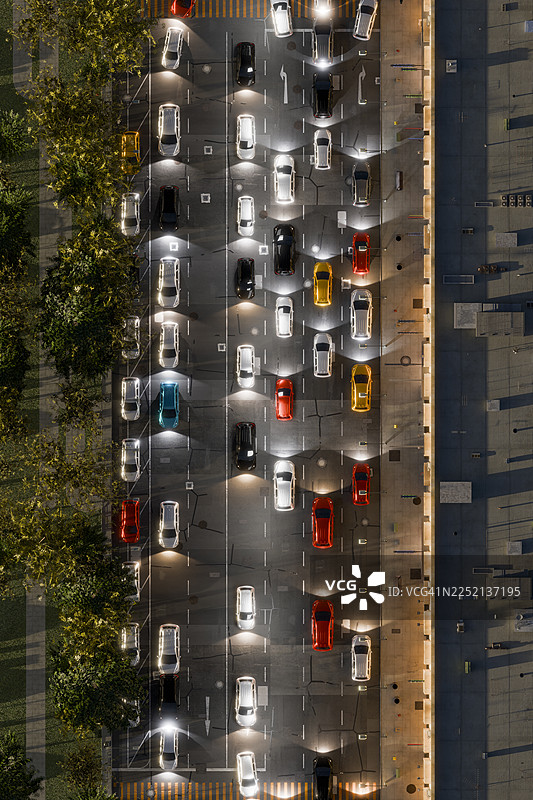 城市街道夜景航拍，车辆穿梭，道路灯火辉煌图片素材