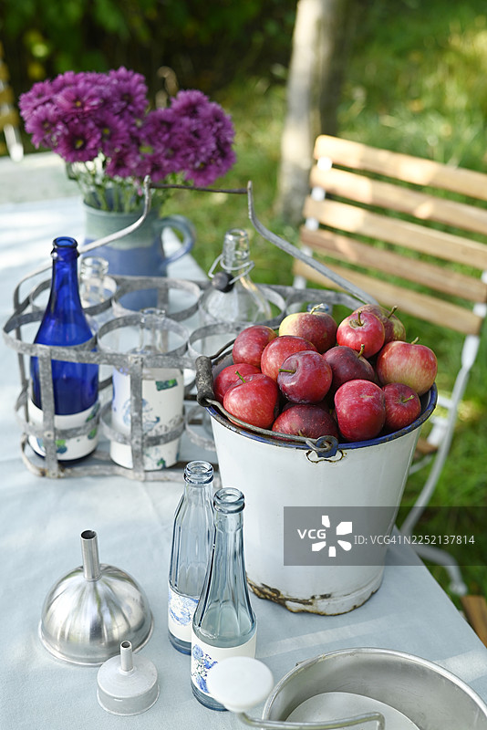花园里，搪瓷水桶装满了梅尔巴和英格丽德·玛丽苹果图片素材