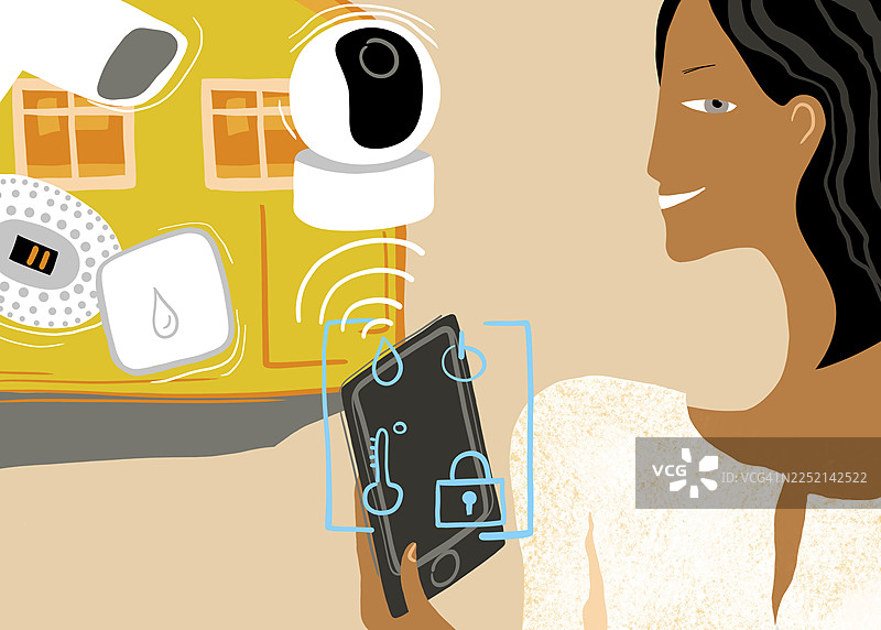 一个人使用智能家居技术的插画，配有数字助理图片素材