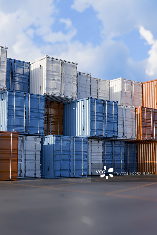 户外物流运输区域堆叠的3D货运集装箱图片素材