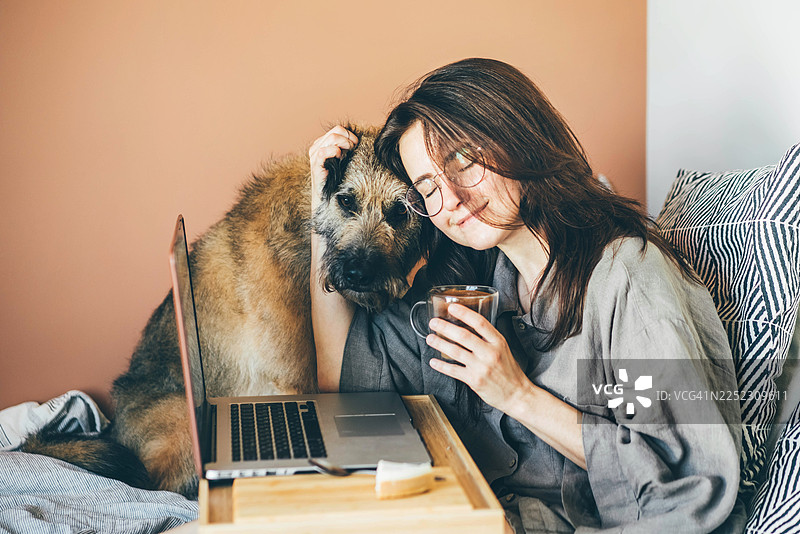 长发年轻女子穿着灰色衬衫，在现代笔记本电脑上工作并喝咖啡，可爱的灰色大狗在她家舒适的床上，枕头柔软，想要和她玩耍。图片素材
