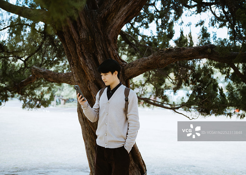 一位亚洲男子在枝繁叶茂的柏树下使用他的智能手机。图片素材