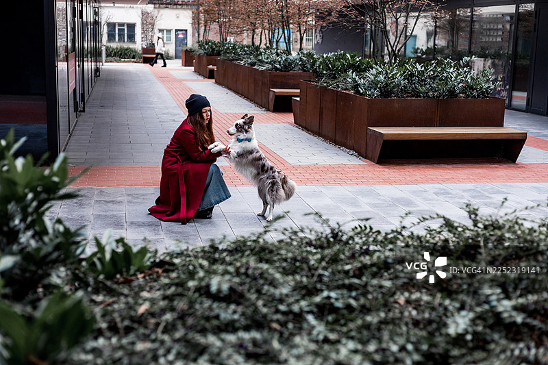 身穿红色外套的女子在现代都市庭院公共空间与狗狗玩耍图片素材