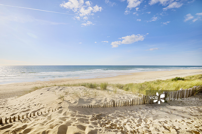 蓝天下，越过沙丘草和栅栏，可以看到海滩和大海的景色图片素材