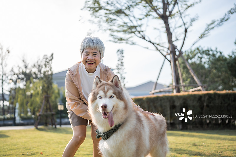 一位年长的女士牵着两条狗在公园里散步图片素材