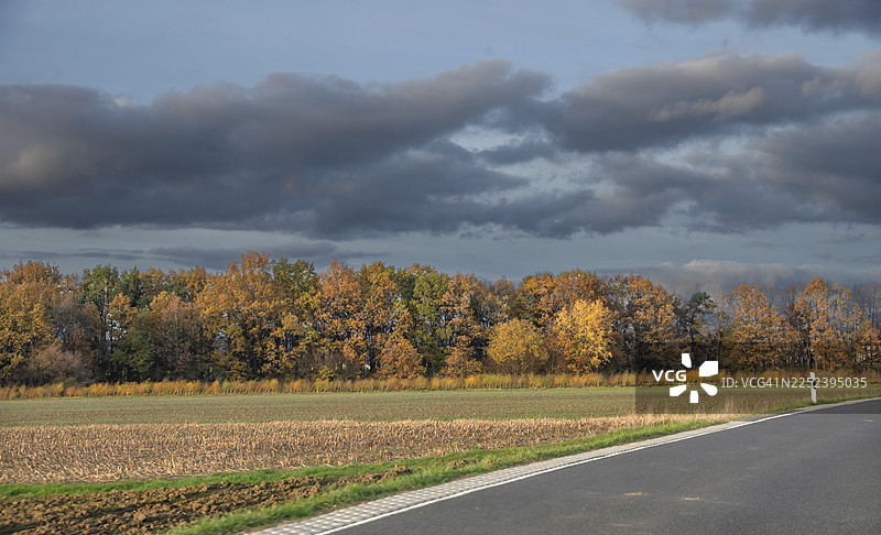 秋季的乡间小路，两侧是未开发的田野，四周环绕着五彩缤纷的树木，天空灰蒙蒙的，这是巴伐利亚法兰克尼亚地区秋天的乡村道路。图片素材
