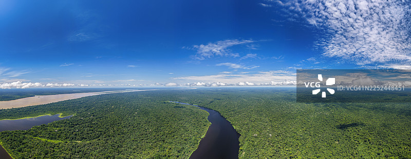 碧空如洗，点缀着几朵白云，亚马逊雨林广袤无垠，一条蜿蜒的河流穿梭其中，令人惊叹的航拍景象。图片素材