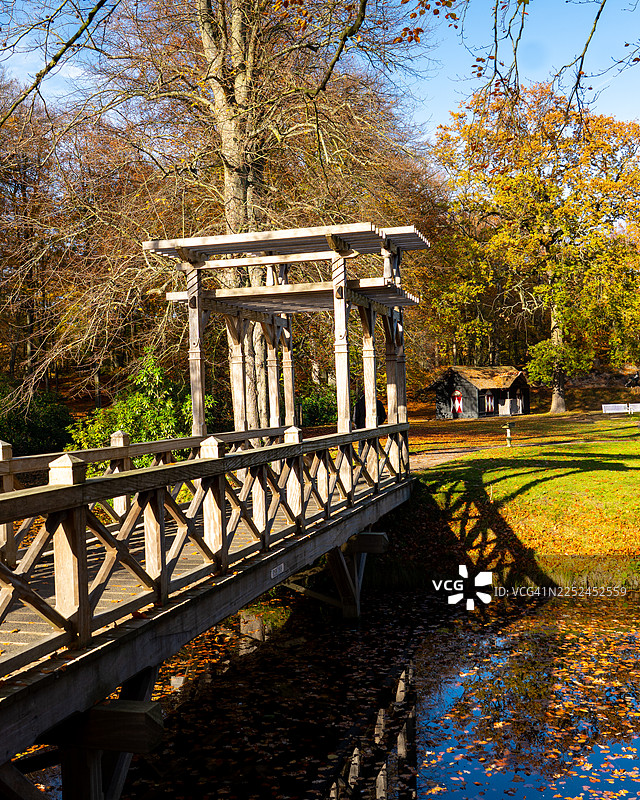 荷兰公园里池塘上的木桥，周围有秋叶和树木图片素材