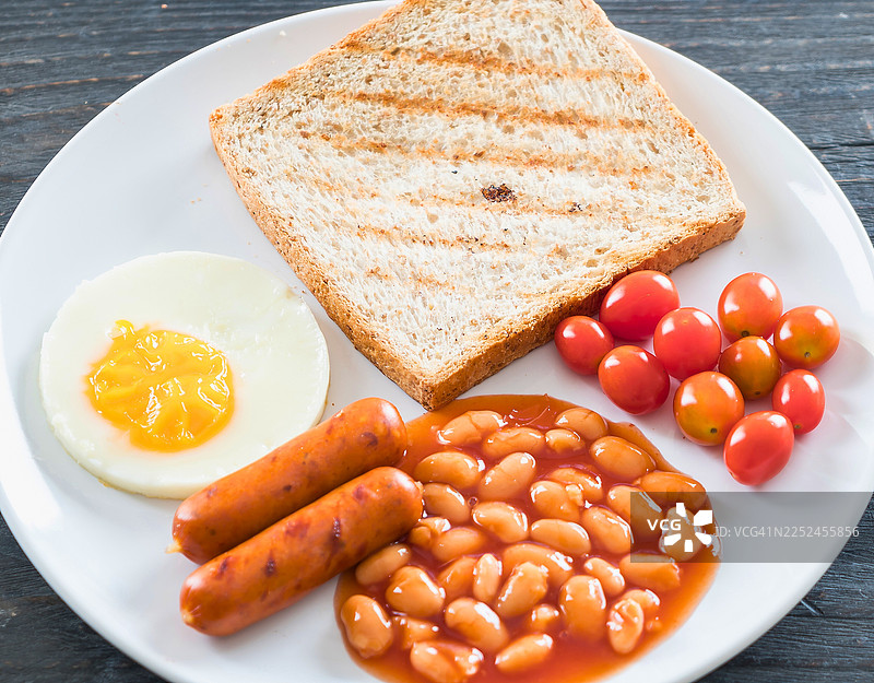 一盘美味丰盛的英式早餐，包含煎蛋、香肠、焗豆、吐司和圣女果，摆放在白色盘中。图片素材