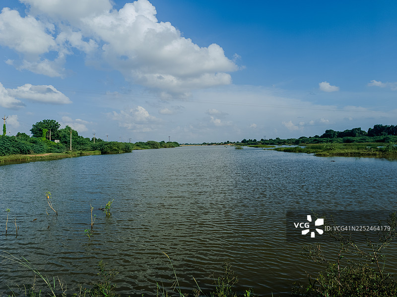 印度哈尔瓦德，碧空如洗，白云朵朵，绿意盎然的植被环绕着宁静的湖泊，景色绝美图片素材