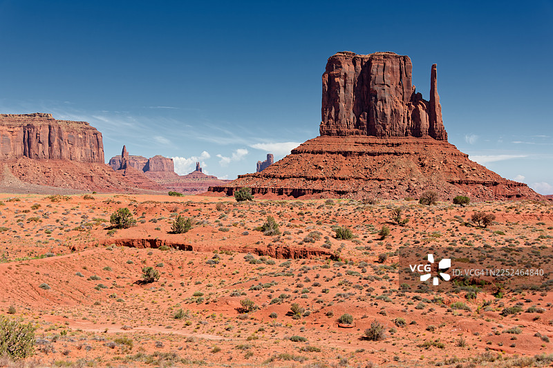 美国亚利桑那州纪念碑谷，凯耶塔，印第安公路，晴朗蓝天下雄伟的红色岩石地貌图片素材