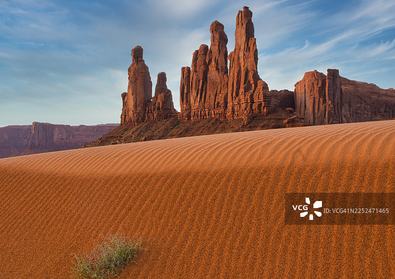 美国纪念碑谷州立公园的沙漠景观，全景视野，高耸的岩层和沙丘在生机勃勃的天空下图片素材