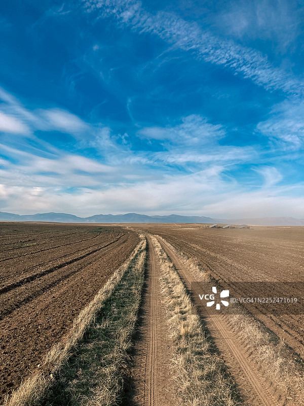 一条泥土路蜿蜒穿过广阔的农田，头顶是戏剧性的蓝色天空和缕缕白云。图片素材