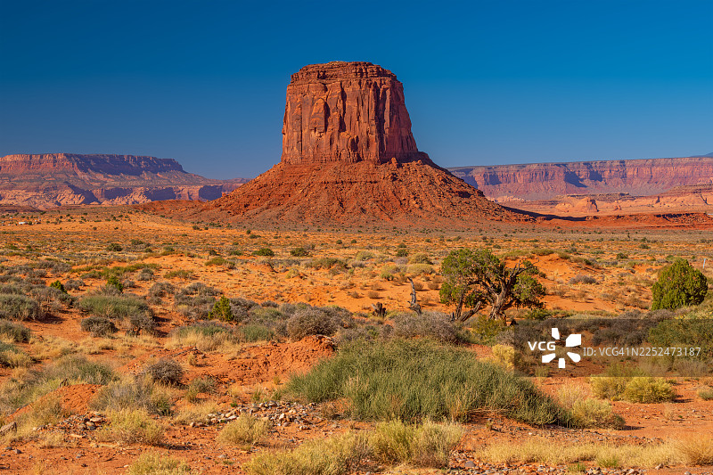 壮丽的岩石构造矗立在美国西南部广阔的沙漠景观中，天空湛蓝，展示了其崎岖之美，地点：凯恩塔，美国，美利坚合众国，纪念碑谷州立公园图片素材