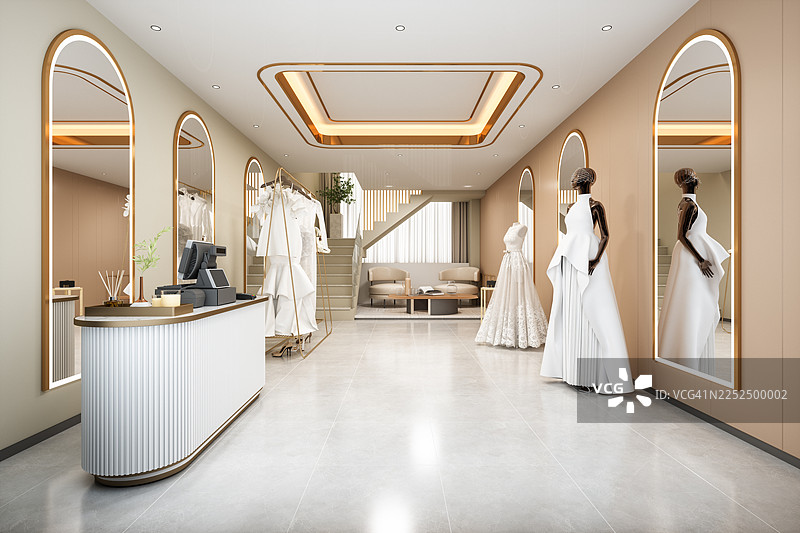 现代新娘精品店室内，展示优雅婚纱，设计简约图片素材