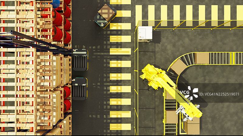 智能工厂内自动物流系统的鸟瞰图：集成机器人手臂、AGV和输送带图片素材