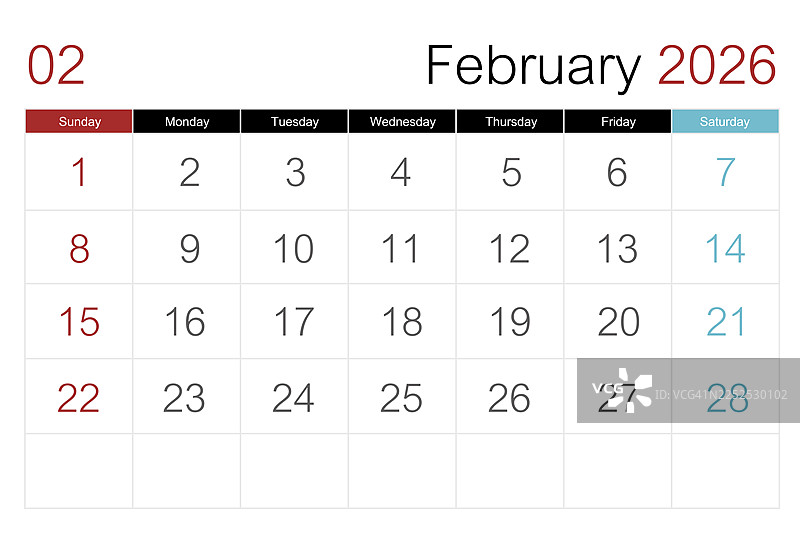 2026年2月日历月历 - 2026年简约风格横式日历图片素材