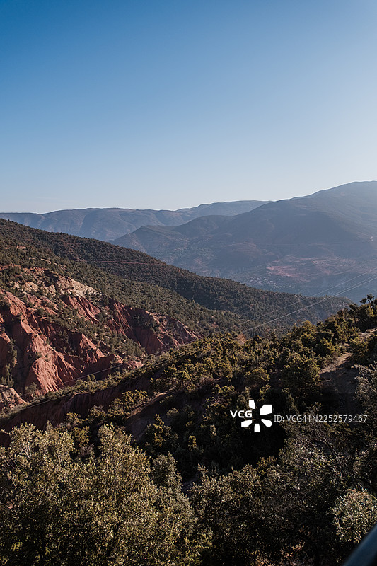 摩洛哥阿特拉斯山脉的广阔山景，有森林覆盖的山坡、红色岩层和层叠的山脊，天空蔚蓝。图片素材