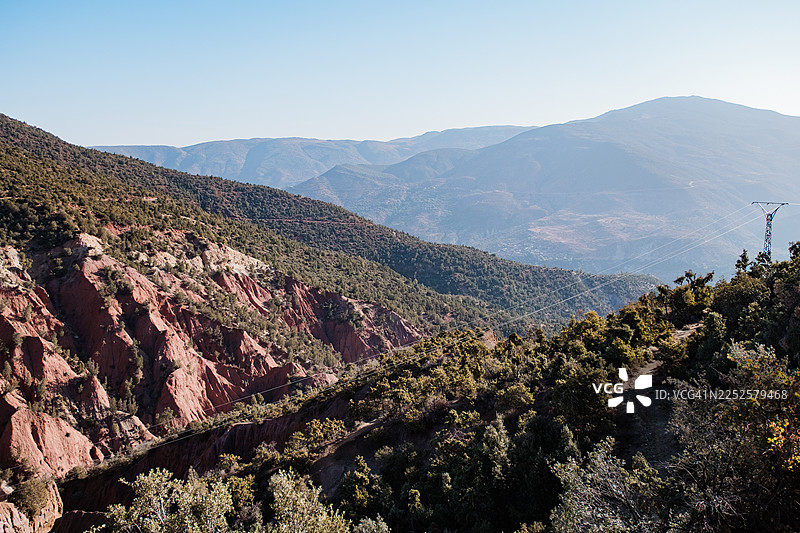 摩洛哥阿特拉斯山脉崎岖的山地景观全景，拥有红色的悬崖、稀疏的植被以及远方广阔的山谷。图片素材