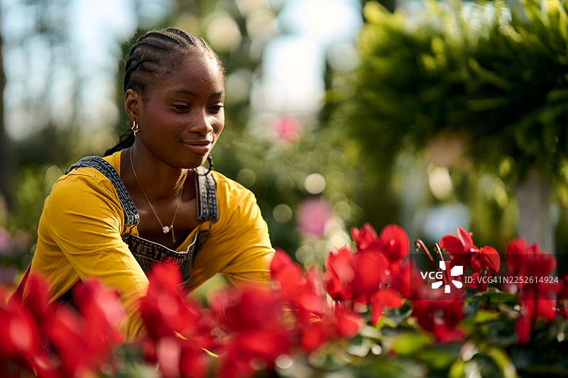 年轻女子在植物苗圃享受园艺时光图片素材