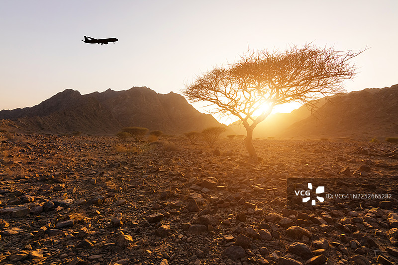 日落时分，一架飞机飞越阿拉伯联合酋长国的沙漠上空图片素材
