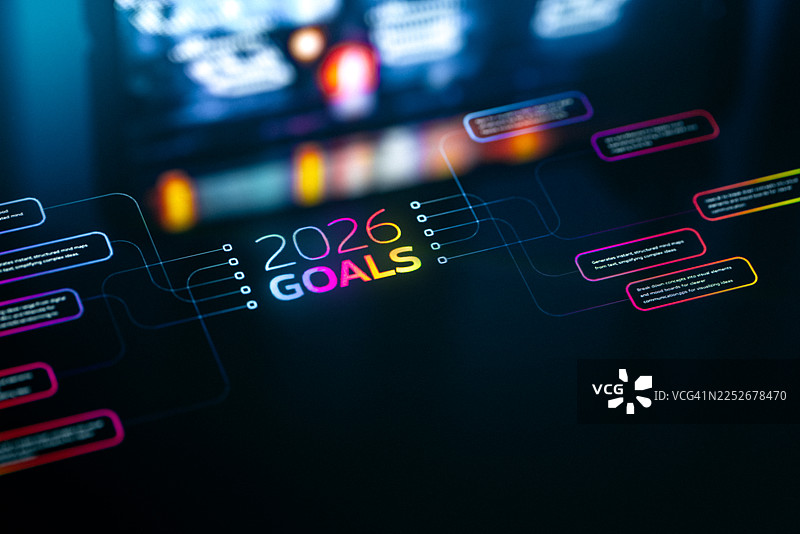 2026年目标与指标：数字规划板，包含明亮的策略元素和前瞻性概念图片素材