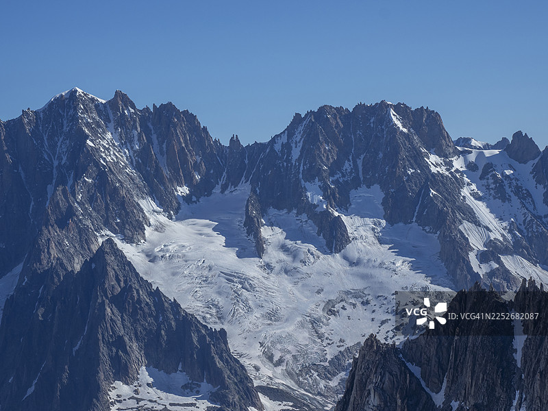 勃朗峰山脉中，岩石山峰间的冰川。图片素材