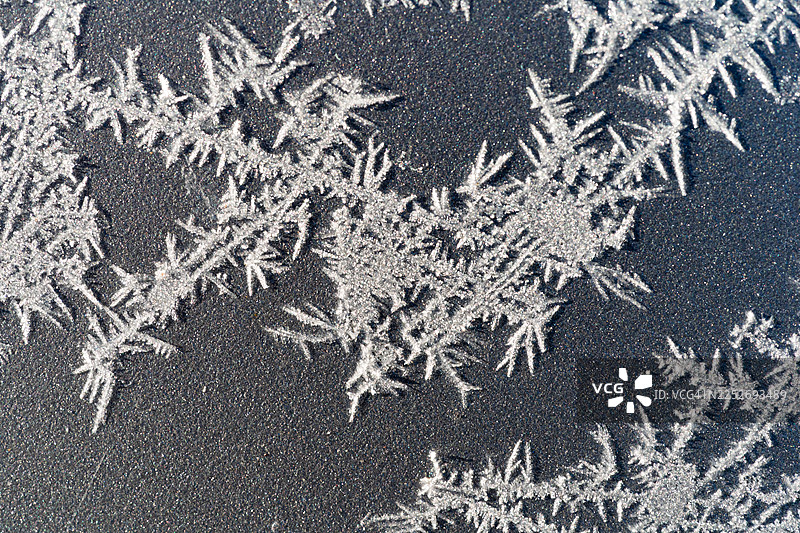 冰冻表面上的冰晶的微距摄影。图片素材