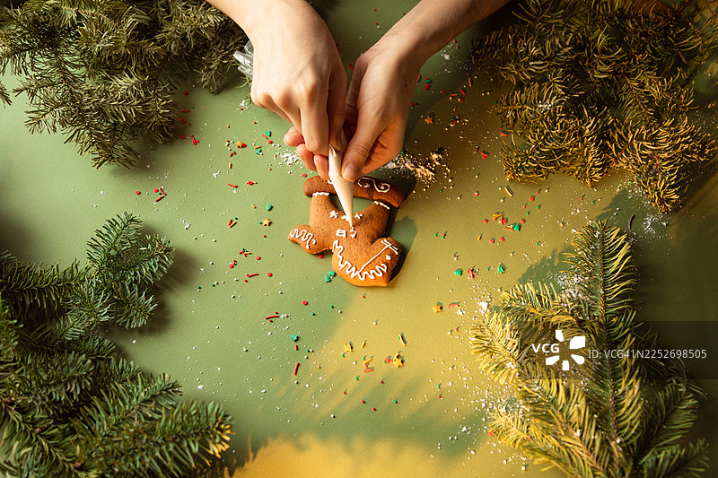 一位年轻的欧洲女性在绿色的背景上，用糖霜装饰着姜饼马，旁边散落着云杉枝。图片素材