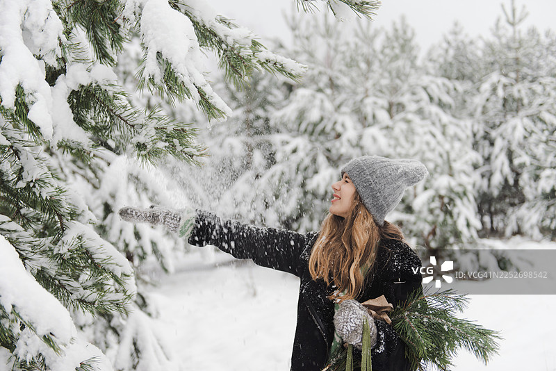 年轻女子在白雪皑皑的森林中，被覆盖着雪的树木和原始的冬季景观所环绕。年轻女子在冬季森林中摇动松树枝上的雪。图片素材