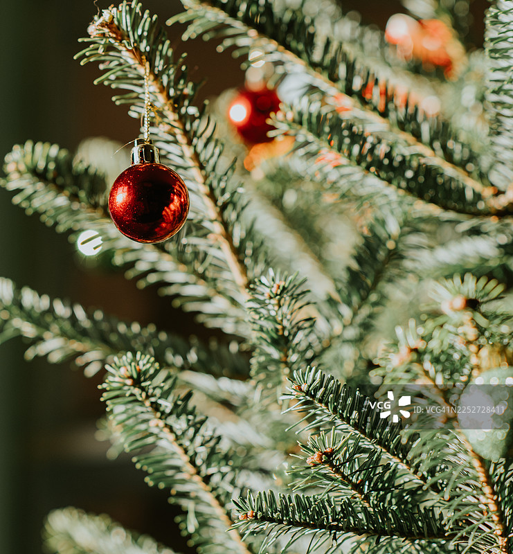 简单的圣诞树上的圣诞饰品图片，重点是一颗红色的球体图片素材