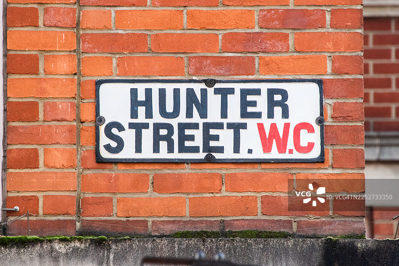 红色砖墙上的复古猎人街标志图片素材