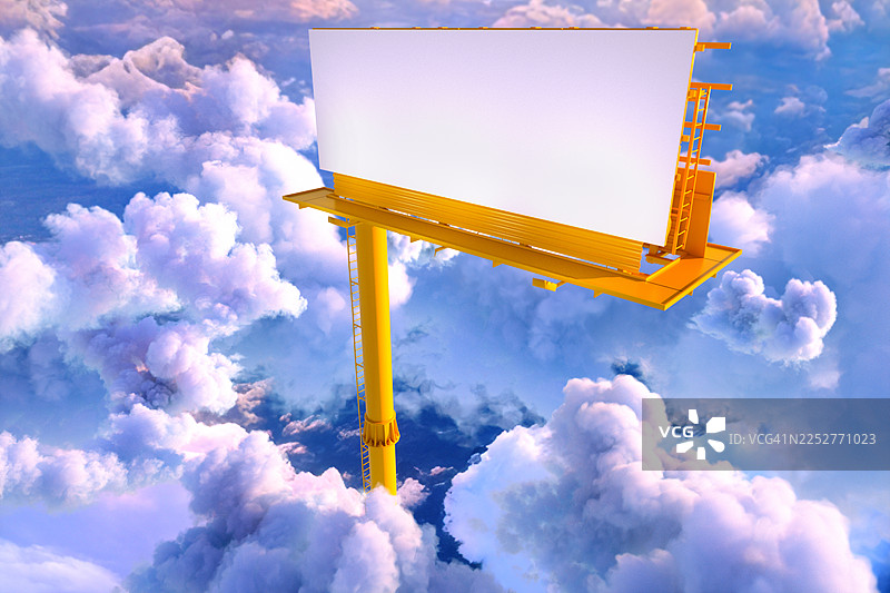 蓬松的云朵上方有一个空白的广告牌图片素材