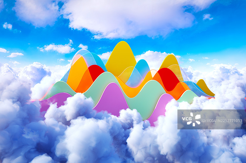 蓬松的云彩之上抽象的多彩曲线图图片素材