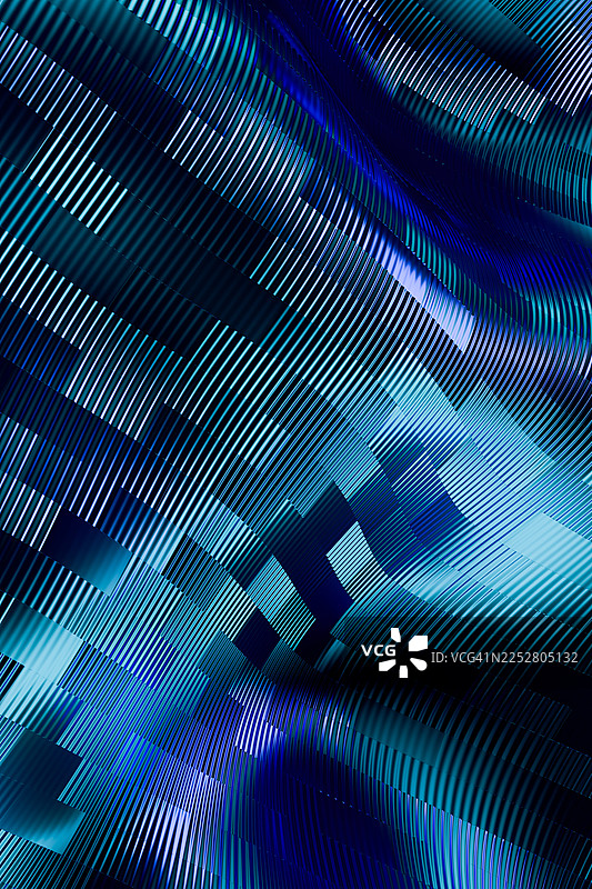 未来感抽象3D竖屏背景，拥有鲜艳的渐变蓝紫色波浪线。金属条纹质感，带有动态曲线和发光效果。现代数字艺术，非常适合科技、人工智能和创新设计主题。图片素材
