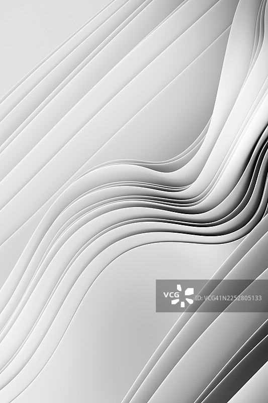 极简抽象灰白单色垂直背景，带有平滑的白色波浪和柔和阴影。简洁优雅的设计，非常适合现代科技、医疗保健、品牌推广或环保概念。3D纸张质感。图片素材