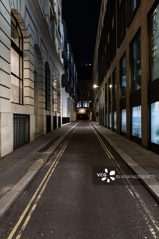 夜幕下的伦敦金融城，高耸的办公楼之间是一条狭窄而空旷的街道图片素材