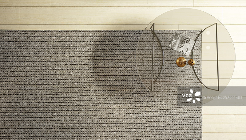 现代客厅俯视视角，展示咖啡桌和地毯图片素材