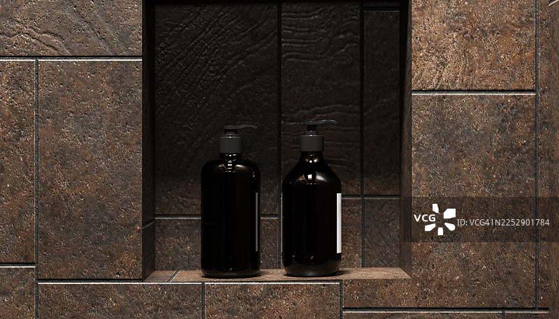 现代淋浴壁龛配深色分装瓶图片素材