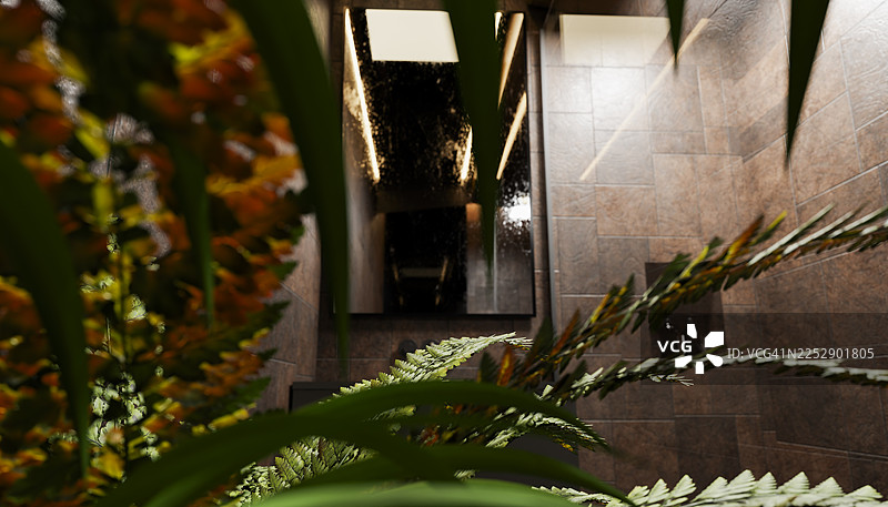 现代浴室内部，配有绿植和暖色灯光图片素材