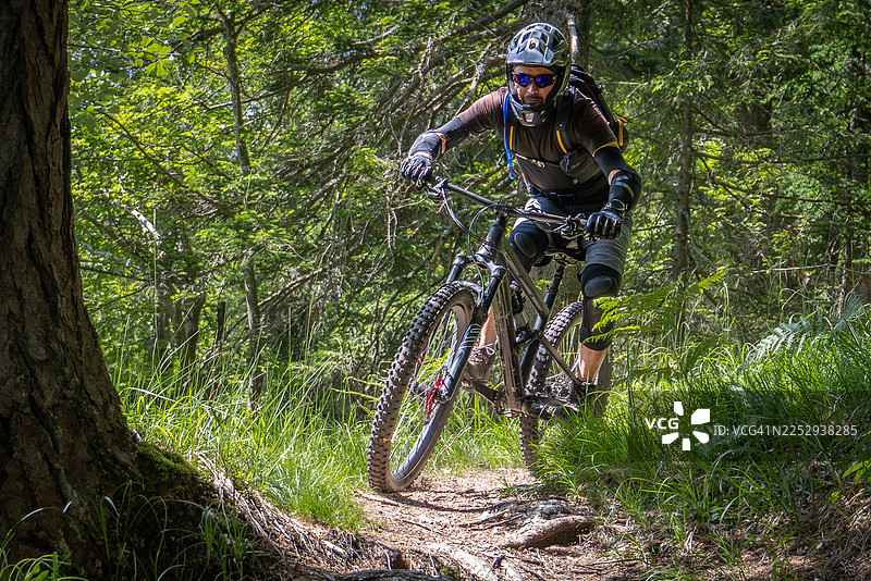 阳光明媚的森林下坡，配有山地自行车。图片素材