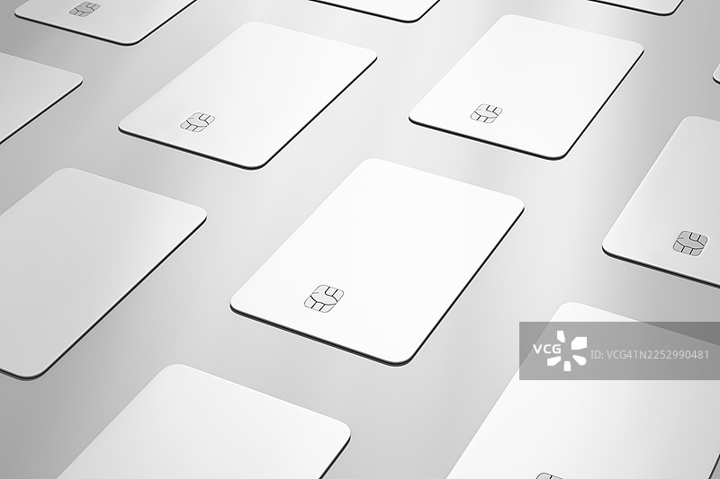 简约风格的白色和银色信用卡以重复图案排列。现代金融概念，象征数字支付、安全、技术和优质银行服务。单色3D背景。图片素材