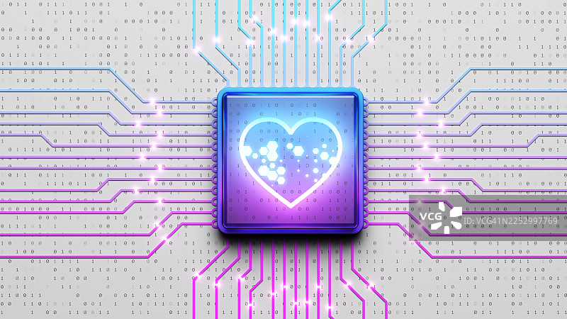 发光的爱心符号的电子量子计算机微芯片。图片素材