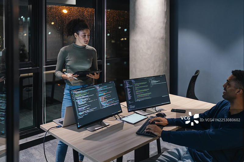 年轻的计算机程序员晚上在办公室协作。图片素材