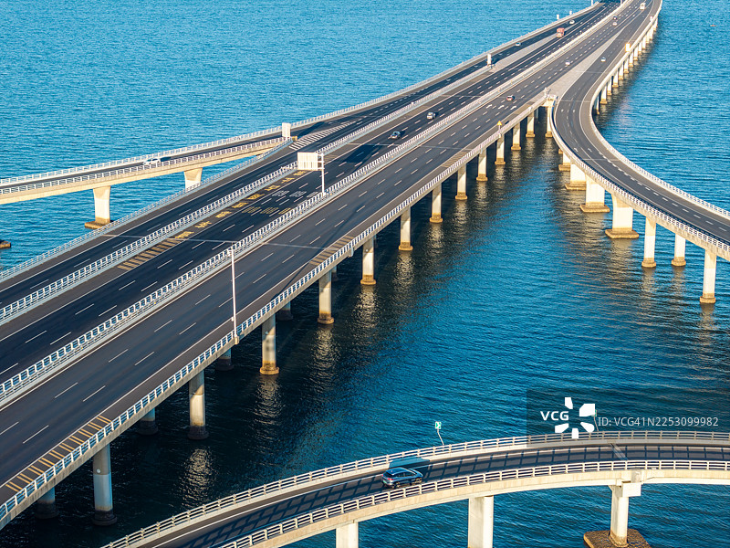 中国山东省青岛市胶州湾大桥的无人机航拍视角图片素材