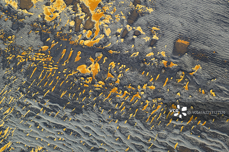 从空中俯瞰，金色调的纹理景观与深邃的阴影形成鲜明对比，勾勒出类似血管的抽象图案，位于冰岛南部。图片素材
