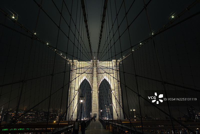 布鲁克林大桥夜间灯光璀璨图片素材
