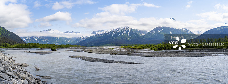 阿拉斯加州查加奇山脉理查森公路旁，拥有山地景观的洛厄河图片素材
