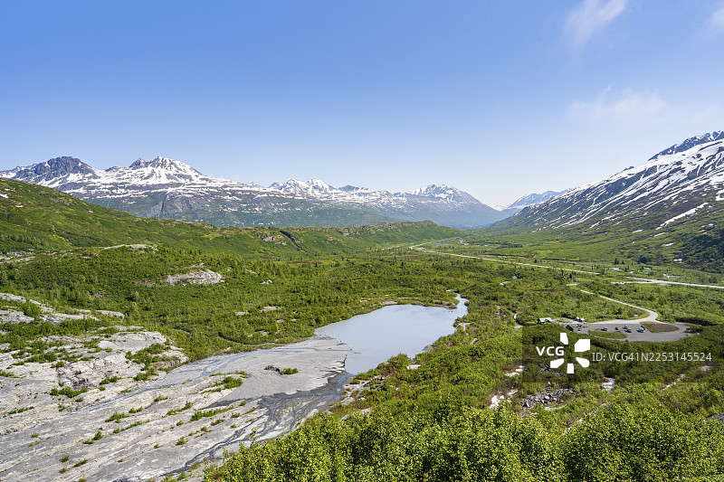 阿拉斯加楚加奇山脉沃辛顿冰川州立休闲区沃辛顿冰川湖，包含特纳河宽阔山谷的山景图片素材